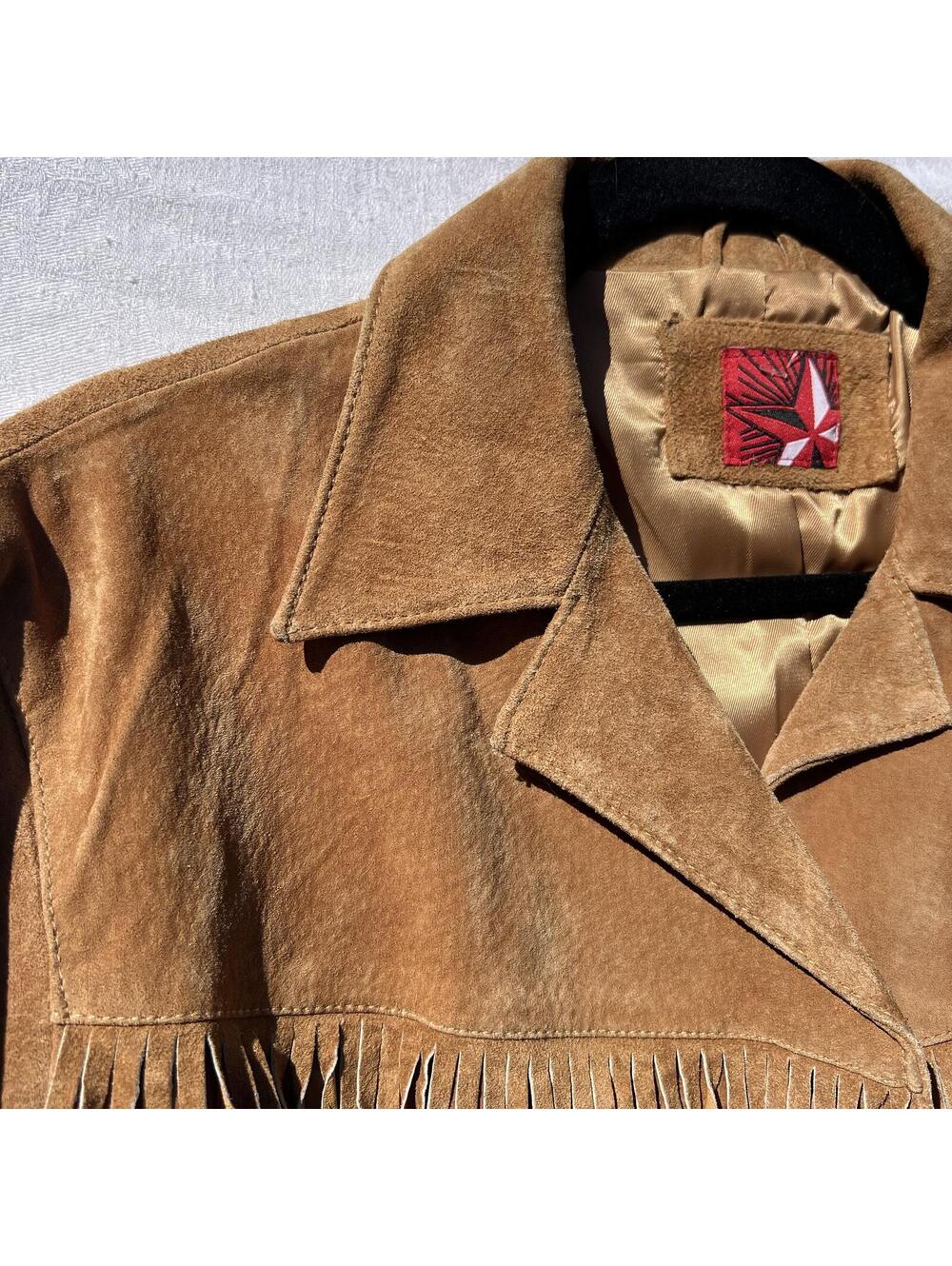 Vintage Western Fringe Suede Leather Jacket Tan Brown Button Front Coat Size XL - Picture 3 of 9